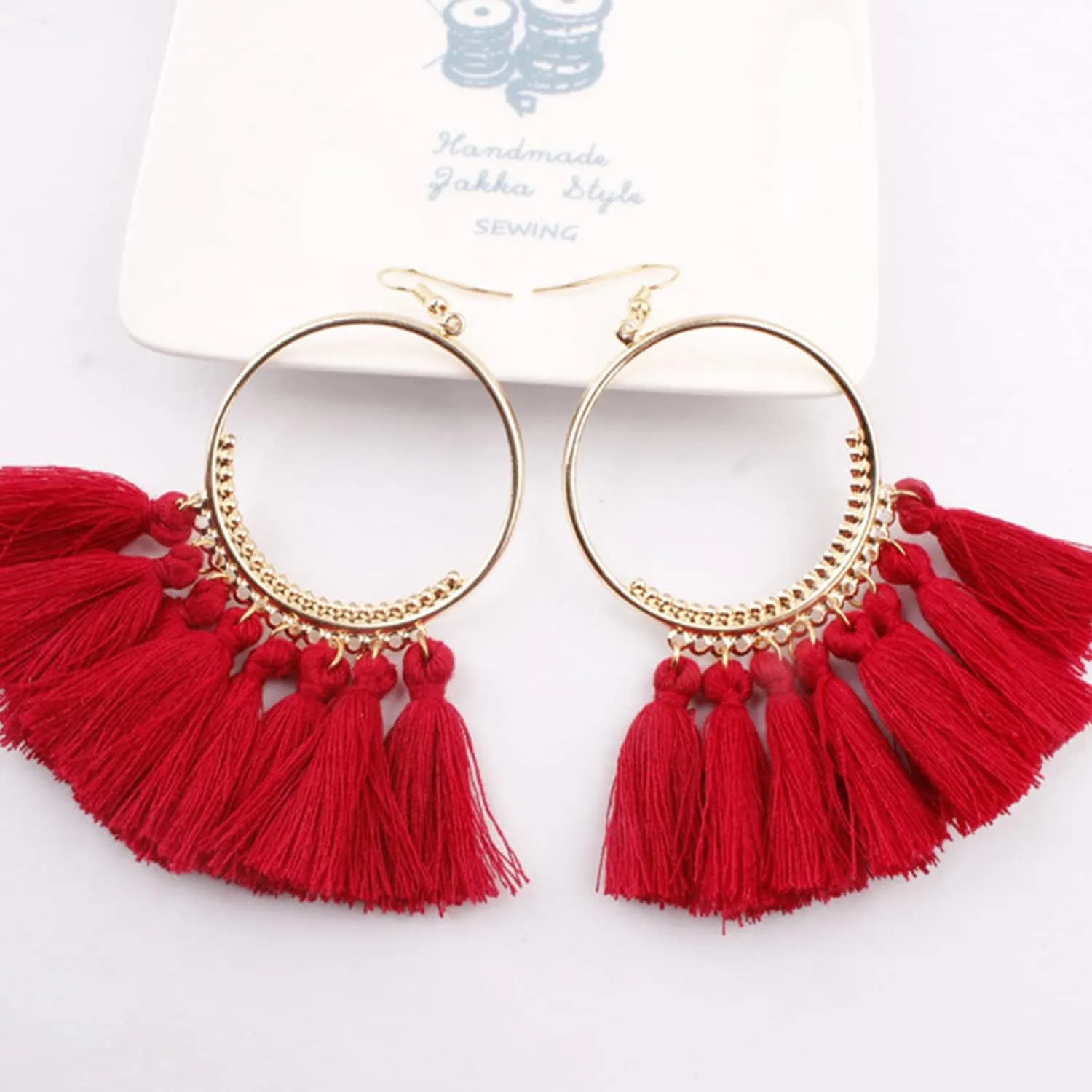 QUPENGXU Statement Tassel Colorful Fan Shape Earrings Geometric Hoop Bohemian Handmade Earrings For Women