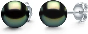 Real 14K White Gold 9-10mm Tahitian Cultured Black Pearl Stud Earrings Round - Birthday Anniversary Jewelry Gift for Women