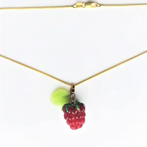 Realistic Raspberry Red Fruit Lampwork jade Green Glass Leaf Pendant Gold Filled Snake Chain Necklace