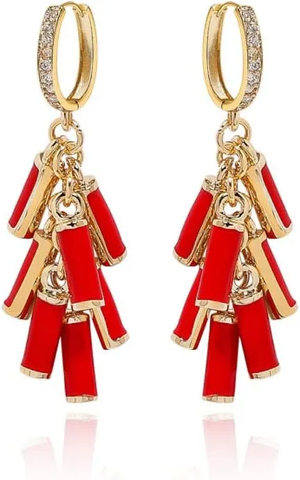 Red Firecracker Tassels Hoop Earring Chinese Style Cubic Zirconia Small Tiny Hoops Gold Plated Huggie Dangle Drop Earring Charms Dangling Ear Cuffs Fashion Gift for Women Best Friends