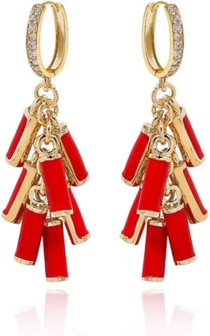 Red Firecracker Tassels Hoop Earring Chinese Style Cubic Zirconia Small Tiny Hoops Gold Plated Huggie Dangle Drop Earring Charms Dangling Ear Cuffs Fashion Gift for Women Best Friends