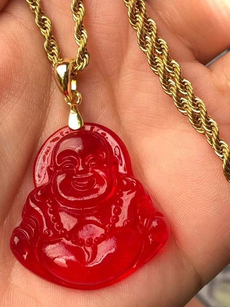 Red Jade Laughing Buddha Good Luck Pendant Necklace Rope Chain Genuine Certified Grade A Jadeite Jade Hand Crafted, Jade Neckalce, 14k Gold Filled Laughing Jade Buddha necklace, Jade Medallion