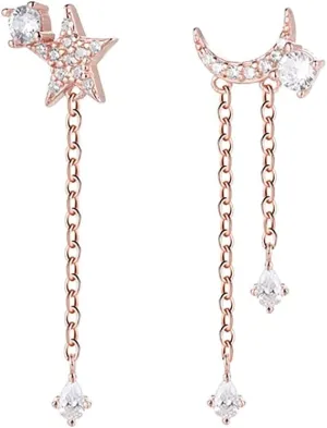 Reffeer Solid 925 Sterling Silver Asymmetric Moon Star Dangle Earring for Women Teens CZ Drop Earrings Tassel Chain
