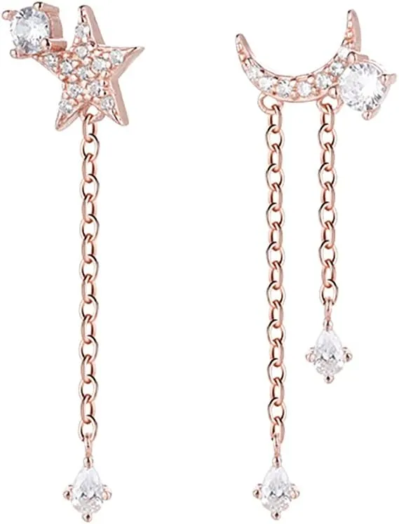 Reffeer Solid 925 Sterling Silver Asymmetric Moon Star Dangle Earring for Women Teens CZ Drop Earrings Tassel Chain