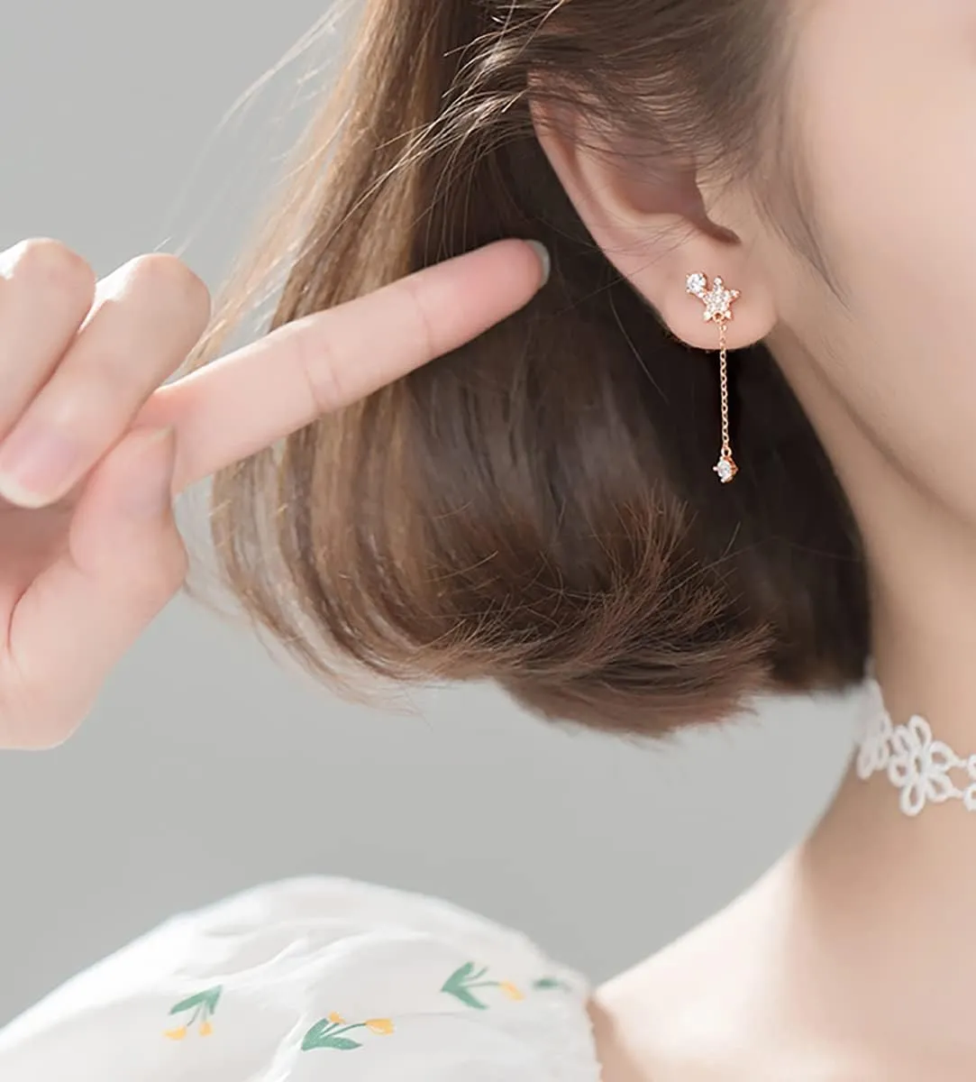 Reffeer Solid 925 Sterling Silver Asymmetric Moon Star Dangle Earring for Women Teens CZ Drop Earrings Tassel Chain