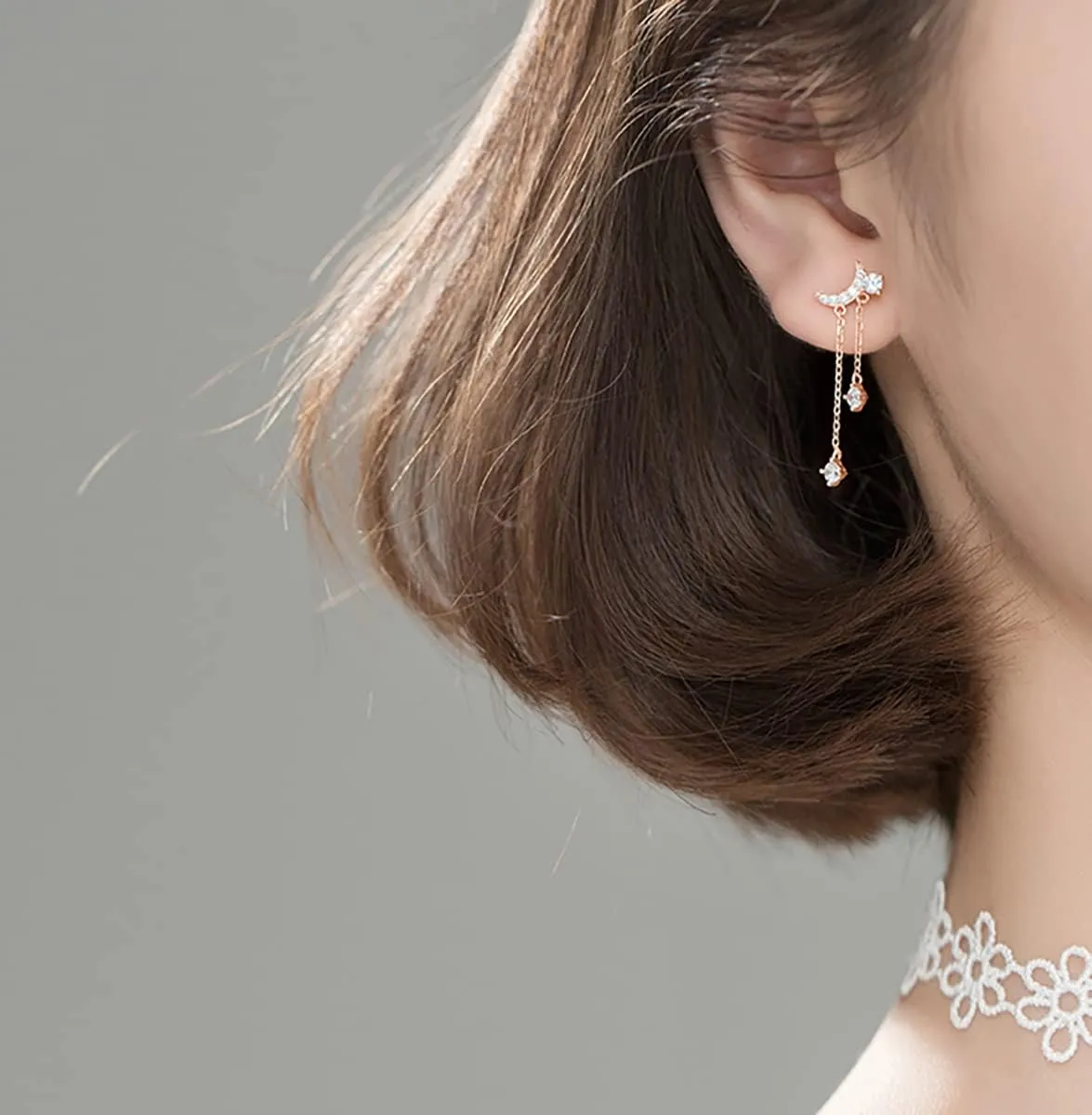 Reffeer Solid 925 Sterling Silver Asymmetric Moon Star Dangle Earring for Women Teens CZ Drop Earrings Tassel Chain