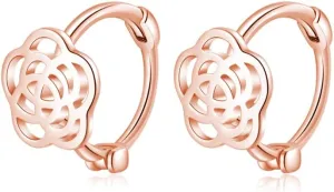 Reffeer Solid 925 Sterling Silver Camellia Flower Hoop Earrings Huggie for Women Teens Flower Hoop Earrings Spring Cartilage Helix Earrings