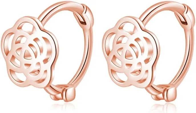 Reffeer Solid 925 Sterling Silver Camellia Flower Hoop Earrings Huggie for Women Teens Flower Hoop Earrings Spring Cartilage Helix Earrings