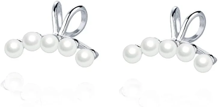 Reffeer Solid 925 Sterling Silver Pearl Cuff Earrings Clip Ons for Women Teens Pearl Wrap Earrings Climber