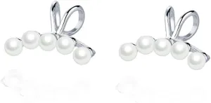 Reffeer Solid 925 Sterling Silver Pearl Cuff Earrings Clip Ons for Women Teens Pearl Wrap Earrings Climber