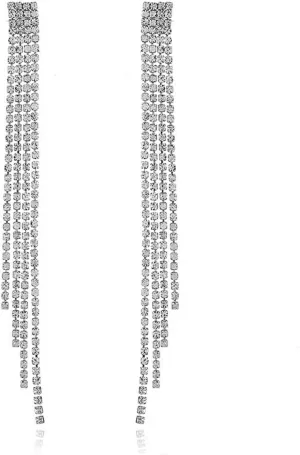 Rhinestone Earrings Dangling Silver Long Crystal Chain Earrings Chandelier Statement Tassel Earrings Sparkly Linear Dangle Bridesmaid Earrings Vintage Earrings For Women