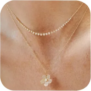 Rhinestone Flower Necklace Pendant Trendy Statement Jewelry Dainty Layered Necklaces for Women with Flower Wedding Gifts