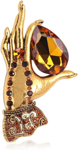 Rhinestone Hand of God Brooch Pin for Women Girls Gold Plated Fashion Big Teardrop Crystal Birthstone Pendant Brooches Lapel Pins Antique Hat Suit Scarf Dress Accessories Birthday Anniversary Jewelry Gift