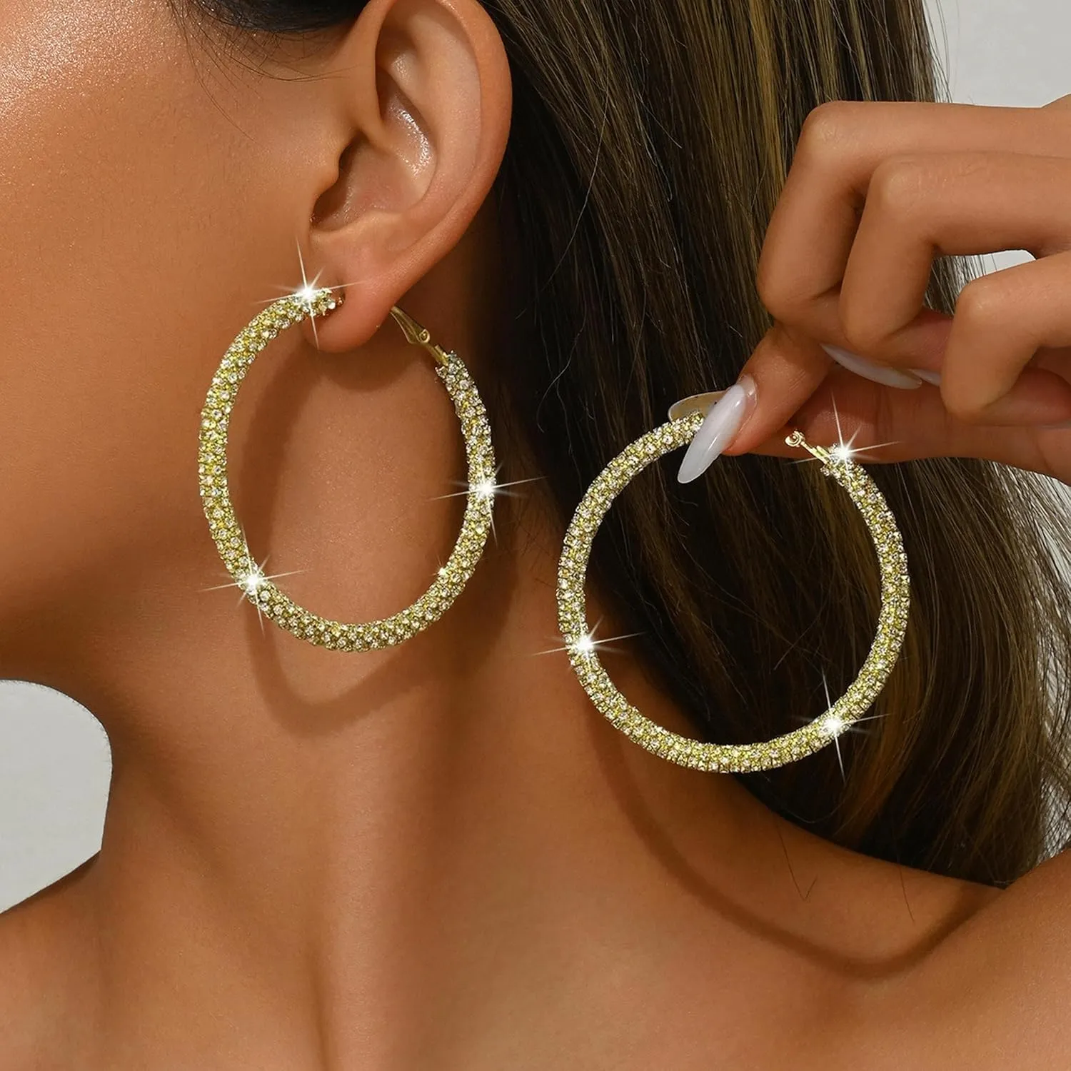 Rhinestone Hoop Earrings for Women Big Gold Silver Hoop Earrings Large Glitter Sparkly Hoops Earring Trendy Prom Wedding Formal Jewelry Gifts 2025