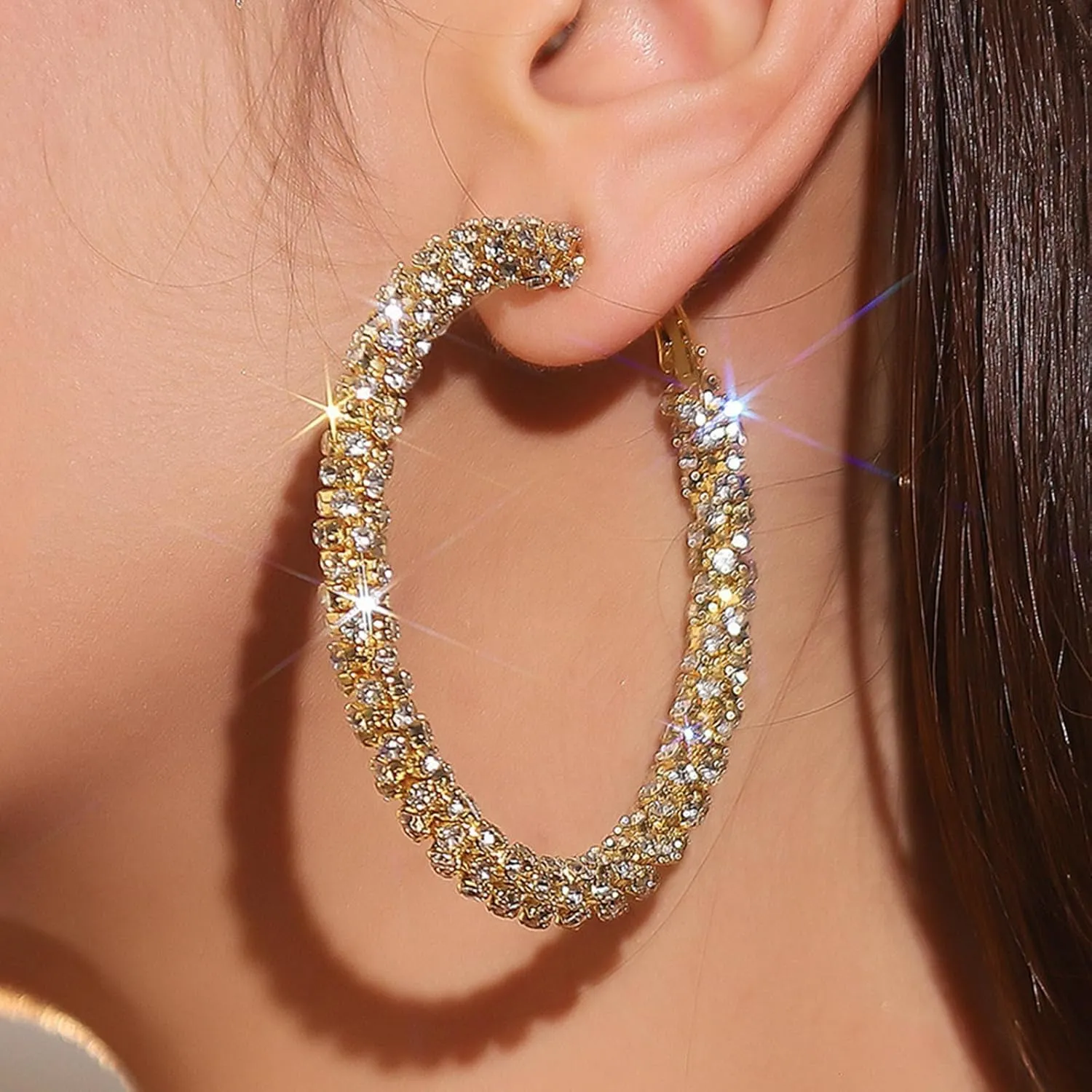 Rhinestone Hoop Earrings for Women Big Gold Silver Hoop Earrings Large Glitter Sparkly Hoops Earring Trendy Prom Wedding Formal Jewelry Gifts 2025