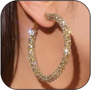 Rhinestone Hoop Earrings for Women Big Gold Silver Hoop Earrings Large Glitter Sparkly Hoops Earring Trendy Prom Wedding Formal Jewelry Gifts 2025