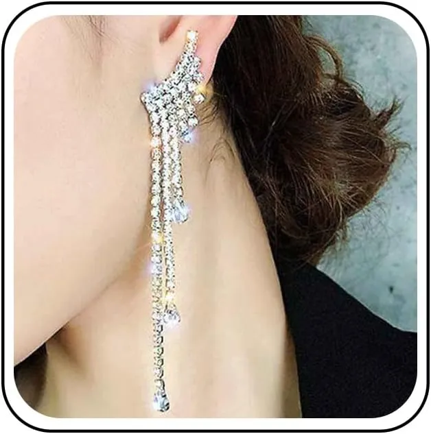 Rhinestone Tassel Chain Earrings Long Silver Crystal Earrings Cz Dangle Chain Earrings Tassel Rhinestone Fringe Earrings Jewelry for Women Gifts
