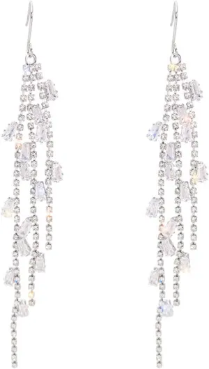 Rhinestone Tassel Earrings for Women Silver Prom Chandelier Earrings Long Chain Tassel Earrings Bling Crystal Dangle Drop Earrings Wedding Party Prom Dress Jewelry Gifts