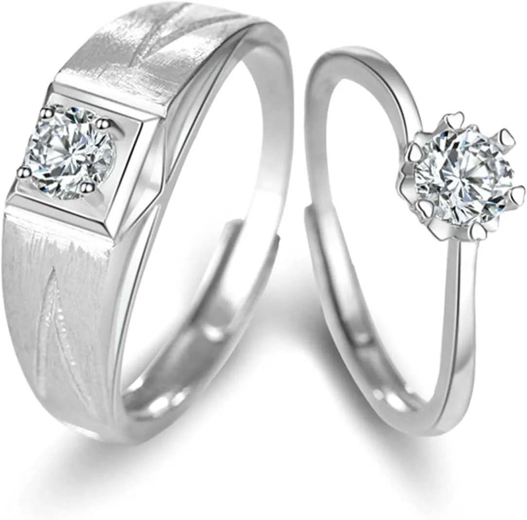 Rings for Couples Wedding Set, Engagement Rings for Couples Custom Adjustable 925 Sterling Silver Solitaire Ring with Cubic Zirconia
