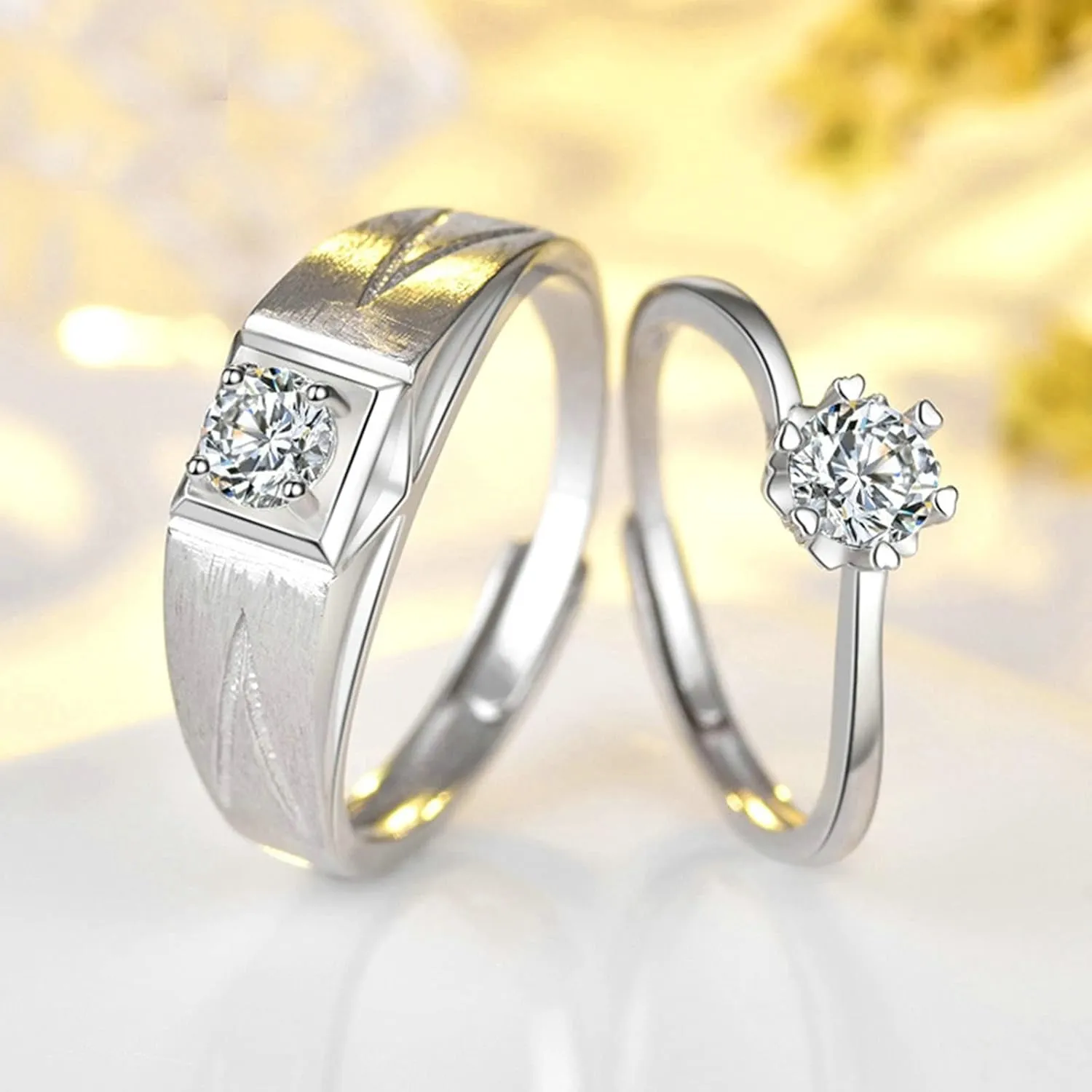 Rings for Couples Wedding Set, Engagement Rings for Couples Custom Adjustable 925 Sterling Silver Solitaire Ring with Cubic Zirconia