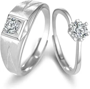 Rings for Couples Wedding Set, Engagement Rings for Couples Custom Adjustable 925 Sterling Silver Solitaire Ring with Cubic Zirconia
