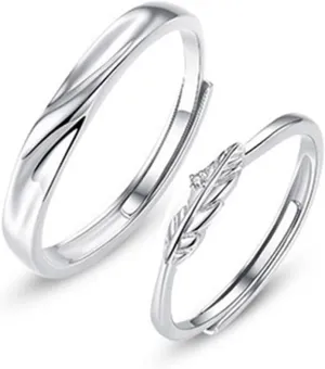 Rings for Men and Women Couple, Couples Promise Rings Adjustable Personalized 925 Sterling Silver Feather Ring with Cubic Zirconia