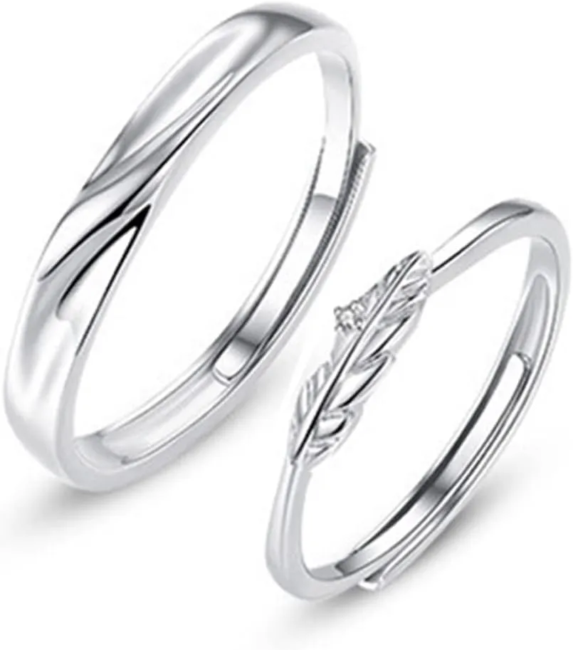 Rings for Men and Women Couple, Couples Promise Rings Adjustable Personalized 925 Sterling Silver Feather Ring with Cubic Zirconia