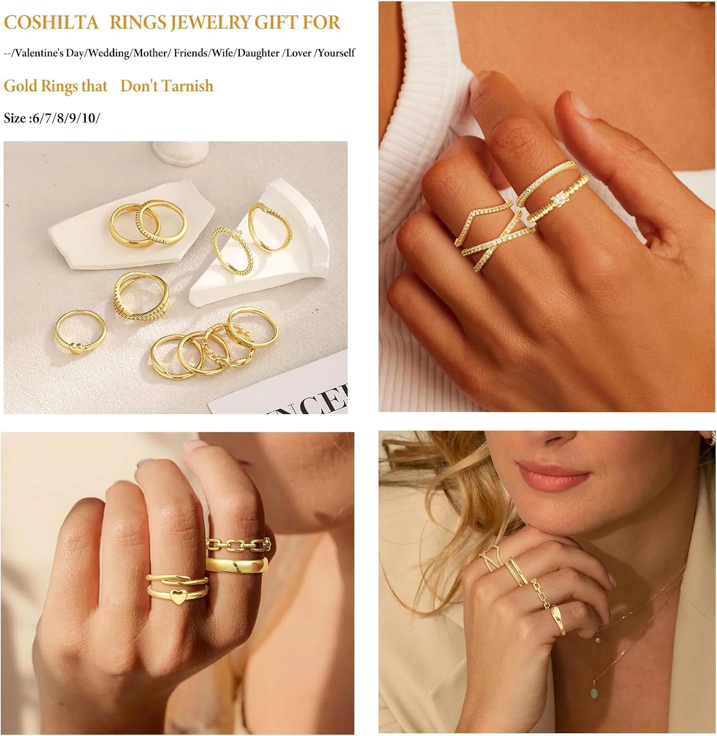 Rings for Women - Comfort Fit with Gold Rings Set - Elegant 14k Gold Plated Dainty Stacking Cubic Zirconia Thumb Rings Set Jewelry Size 6-10