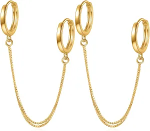 Rnivida 925 Sterling Silver Double Hoop Chains Earrings Double Piercing for Women,Dangle Hoop Earrings Two Holes Piercing Jewelry Gifts