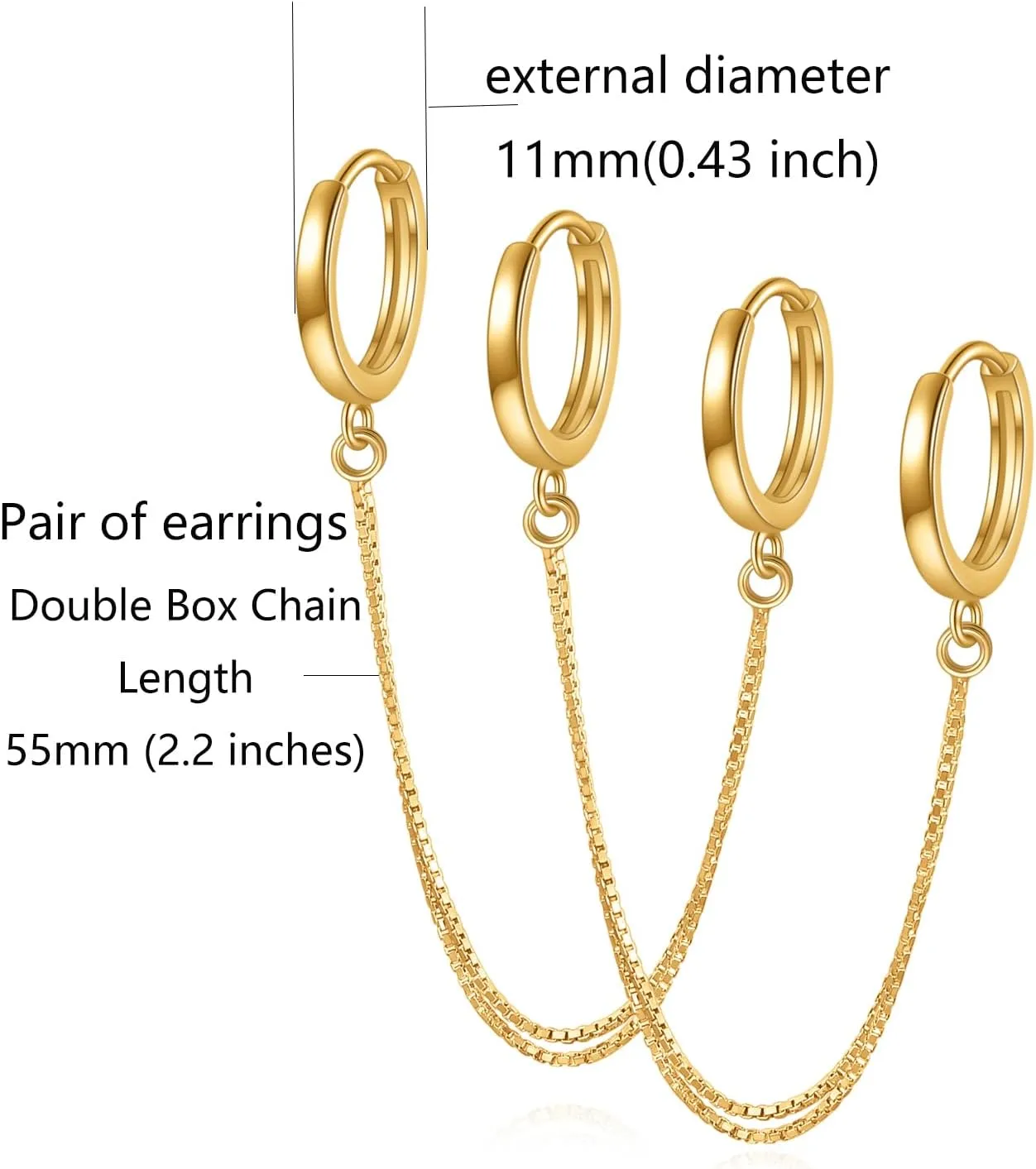 Rnivida 925 Sterling Silver Double Hoop Chains Earrings Double Piercing for Women,Dangle Hoop Earrings Two Holes Piercing Jewelry Gifts