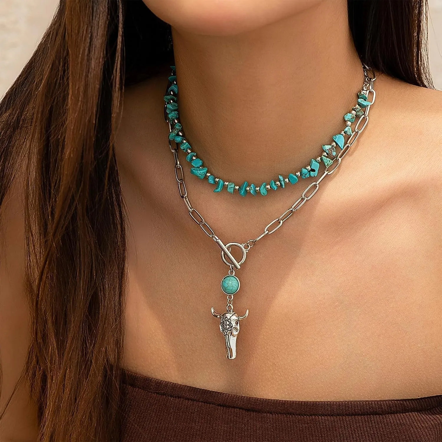 Roe Dolph Western Turquoise Necklaces Boho Layered Necklace Cowboy Hat Turquoise Charms Western Cowgirl Jewelry Country Concert Accessories Outfits