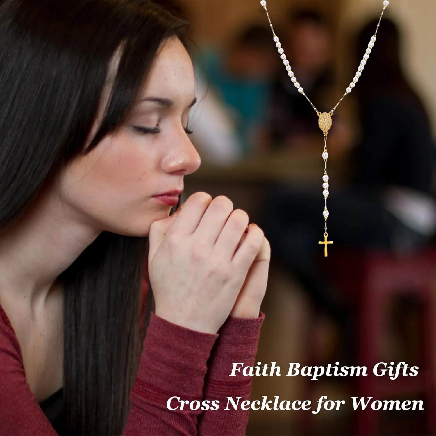 Rosary Necklace for Women Pearl Cross Necklaces Catolicos Christian First Confirmation Gifts Long Lariat Necklace for Women
