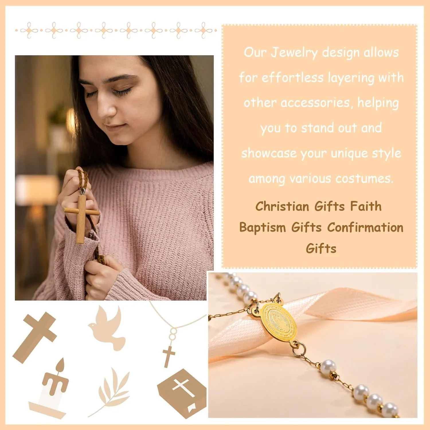 Rosary Necklace for Women Pearl Cross Necklaces Catolicos Christian First Confirmation Gifts Long Lariat Necklace for Women