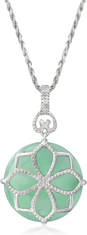 Ross-Simons Jade Flower Pendant Necklace in Sterling Silver