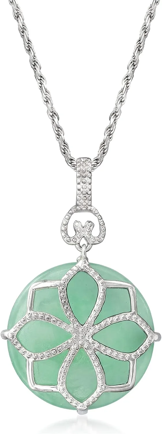 Ross-Simons Jade Flower Pendant Necklace in Sterling Silver