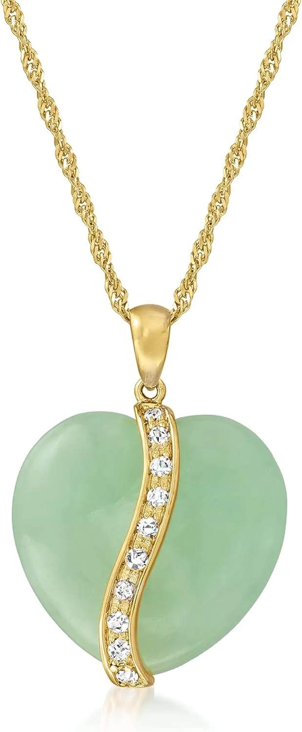 Ross-Simons Jade Heart Pendant Necklace With .37 ct. t.w. White Sapphires in 18kt Gold Over Sterling
