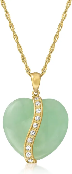 Ross-Simons Jade Heart Pendant Necklace With .37 ct. t.w. White Sapphires in 18kt Gold Over Sterling