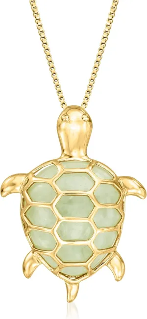 Ross-Simons Jade Turtle Pendant Necklace in 18kt Gold Over Sterling. 18 inches
