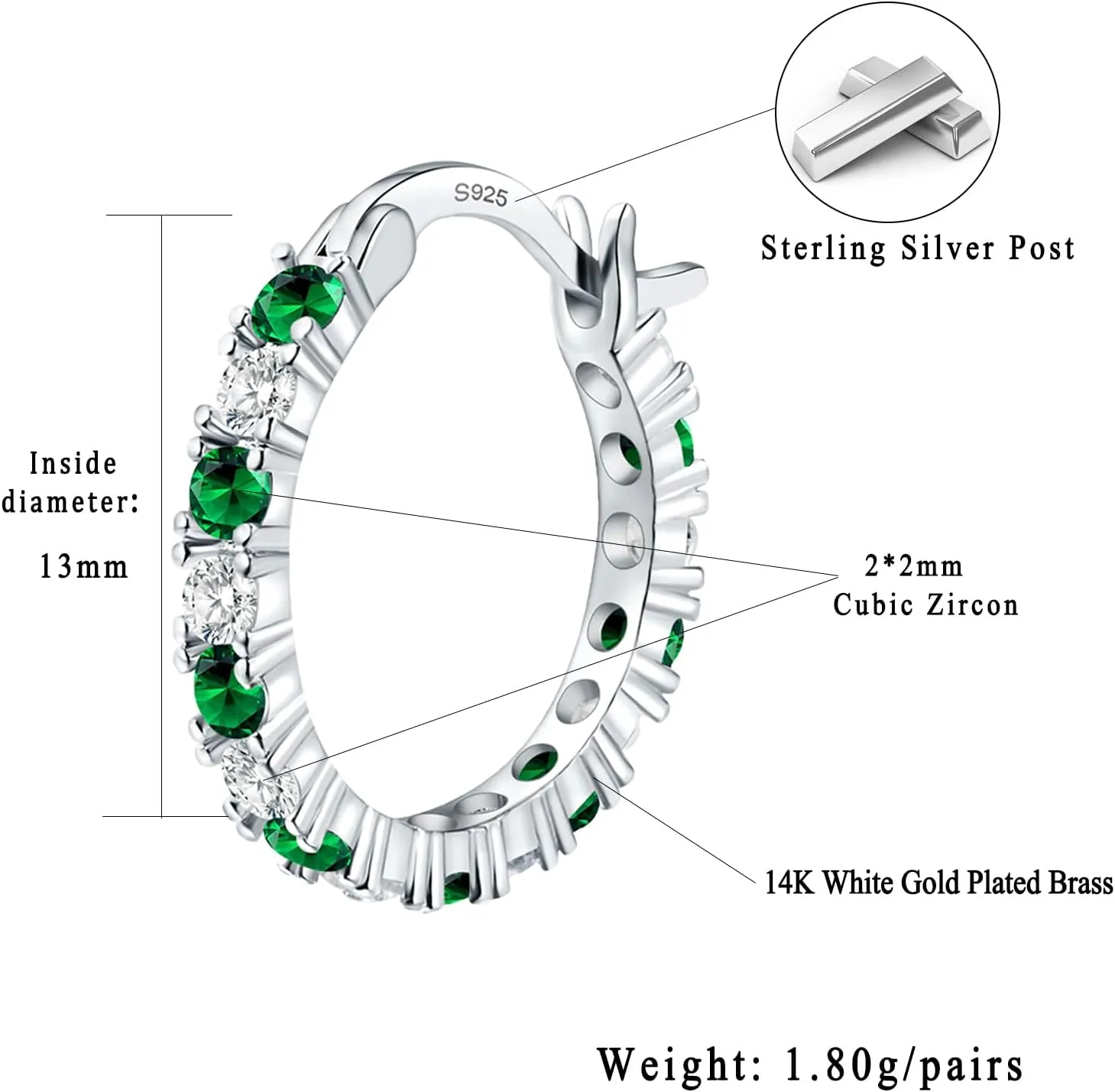 S925 Sterling Silver Earrings Hoop and Stud Sets for Women Trendy 14K White Gold Plated Hypoallergenic Cubic Zirconia Hoops Cute Lightweight Earrings Jewelry Birthday Gifts for Mom Girls