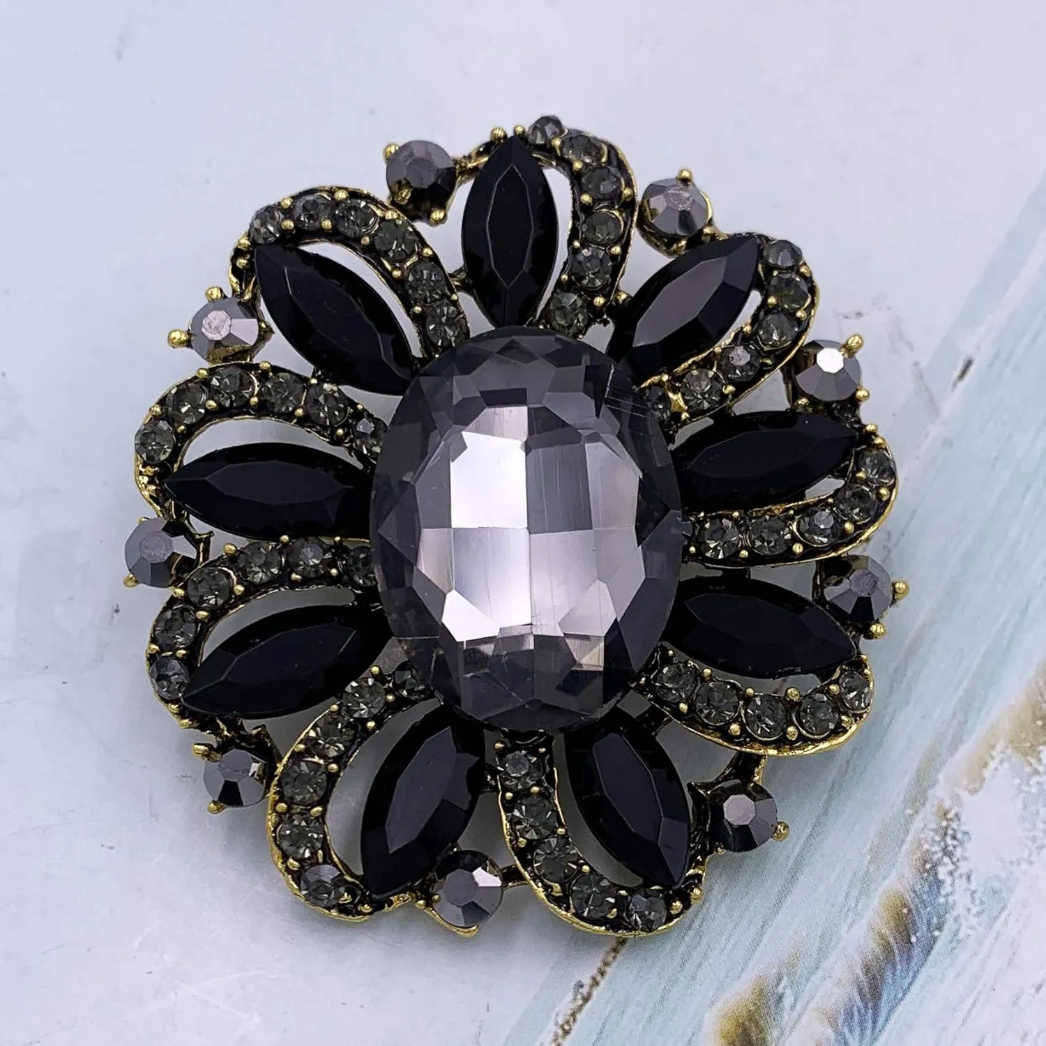 SELOVO Flower Rhinestone Statement Brooch Pin Accessory Antique Gold Tone