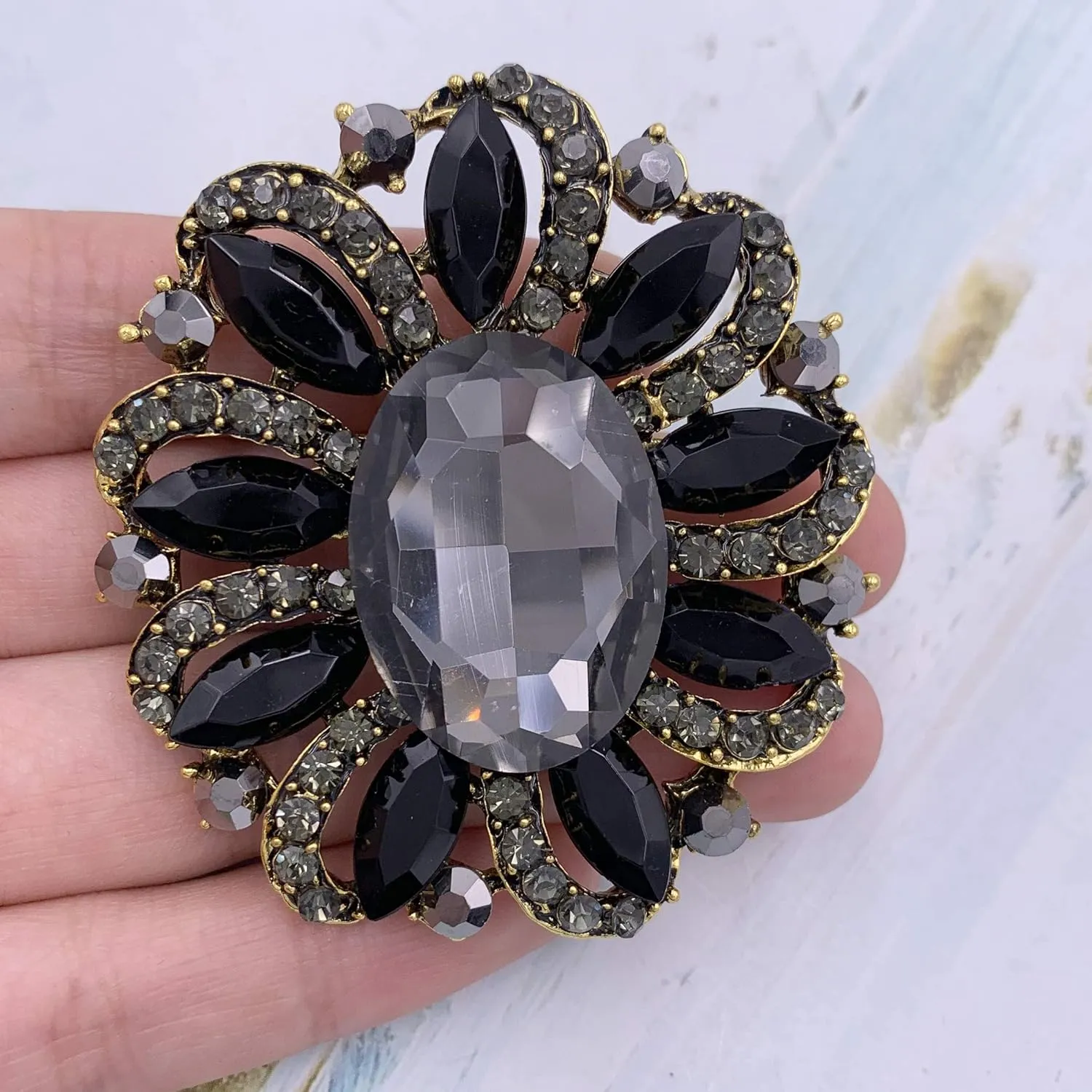 SELOVO Flower Rhinestone Statement Brooch Pin Accessory Antique Gold Tone