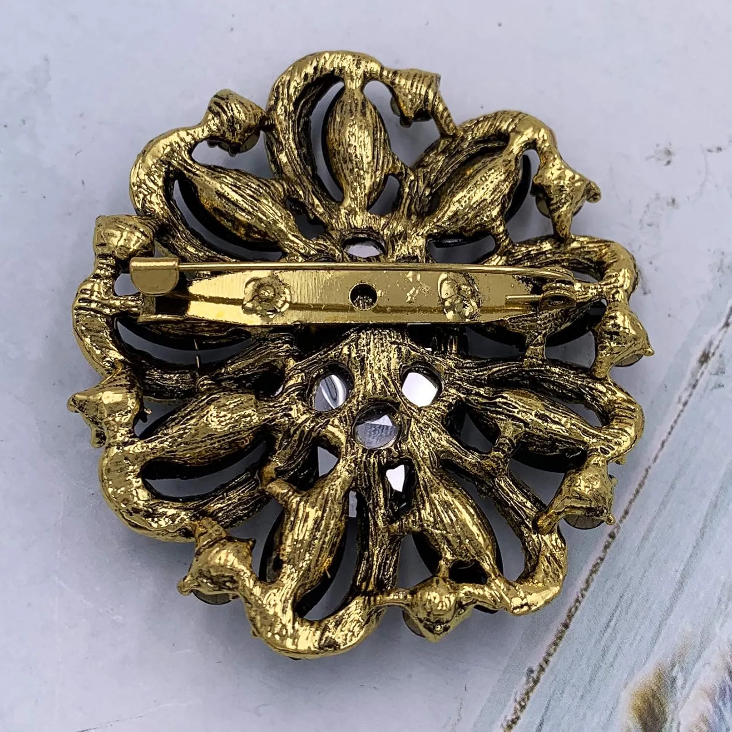 SELOVO Flower Rhinestone Statement Brooch Pin Accessory Antique Gold Tone