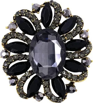 SELOVO Flower Rhinestone Statement Brooch Pin Accessory Antique Gold Tone