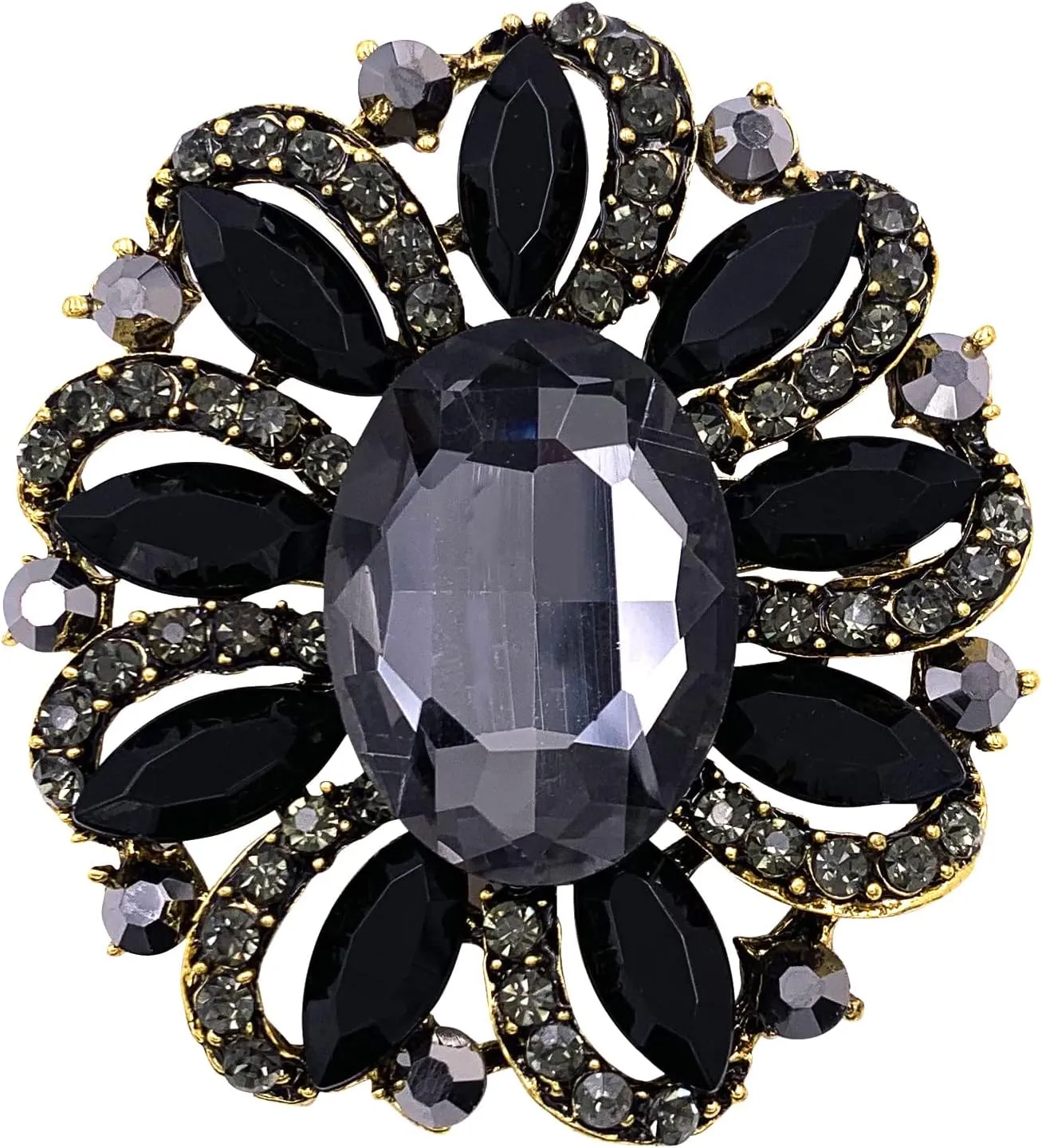 SELOVO Flower Rhinestone Statement Brooch Pin Accessory Antique Gold Tone