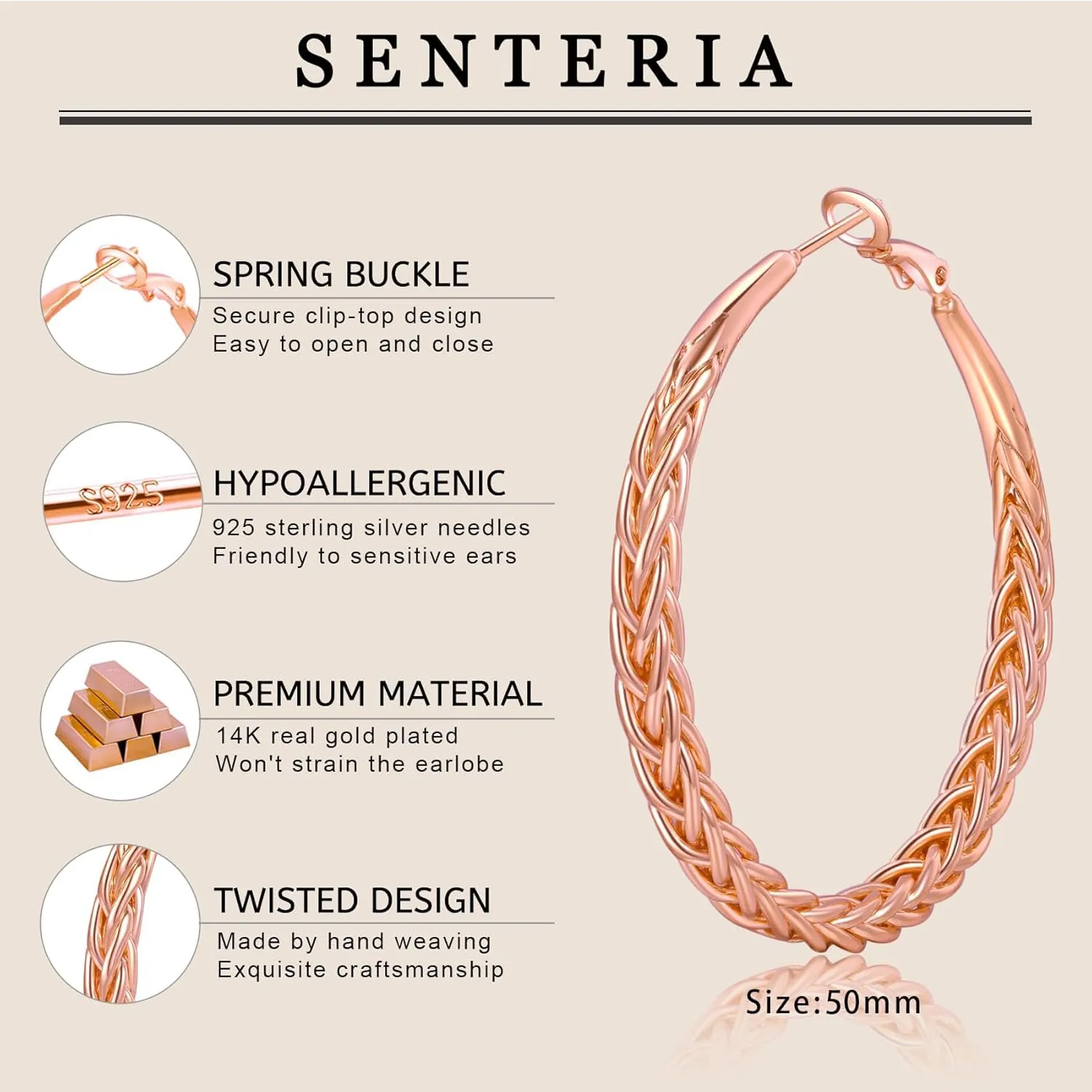 Senteria Silver Hoop Earrings for Women Hypoallergenic 925 Sterling Silver Post Hoop Earrings Lightweight Large Hoops Earring Thick Twisted Silver Hoops 30/40/50MM
