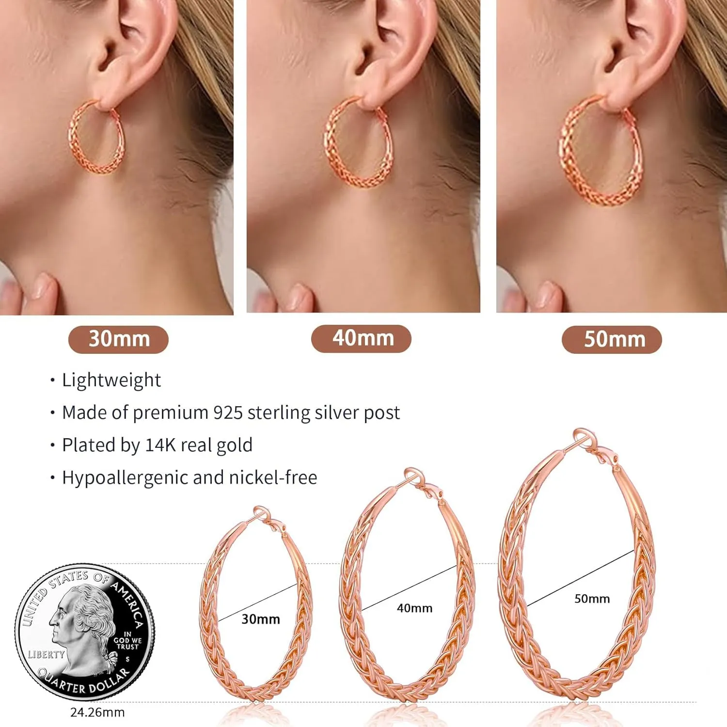 Senteria Silver Hoop Earrings for Women Hypoallergenic 925 Sterling Silver Post Hoop Earrings Lightweight Large Hoops Earring Thick Twisted Silver Hoops 30/40/50MM