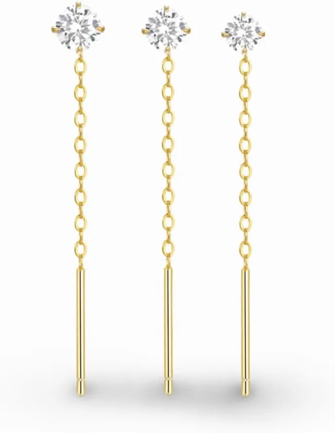 Set of 3 Gold Plated Sterling Silver Crystal Stud Threader Earrings with Tassel Chains for Women