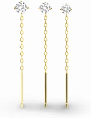 Set of 3 Gold Plated Sterling Silver Crystal Stud Threader Earrings with Tassel Chains for Women