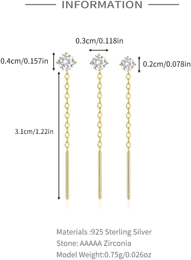 Set of 3 Gold Plated Sterling Silver Crystal Stud Threader Earrings with Tassel Chains for Women