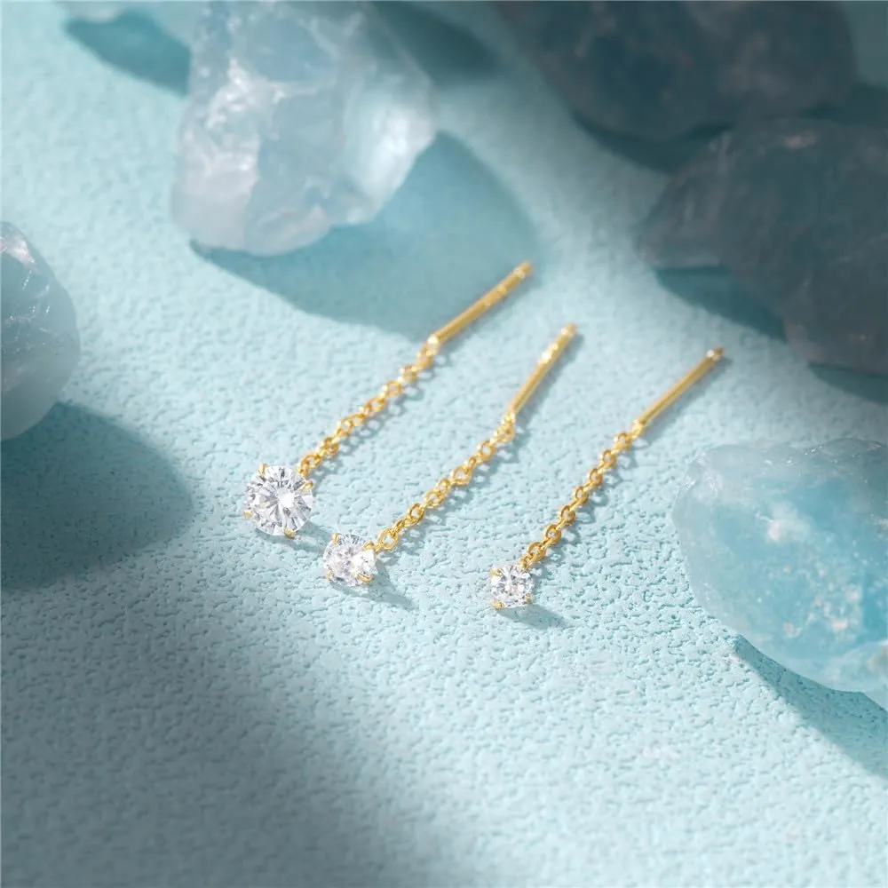 Set of 3 Gold Plated Sterling Silver Crystal Stud Threader Earrings with Tassel Chains for Women